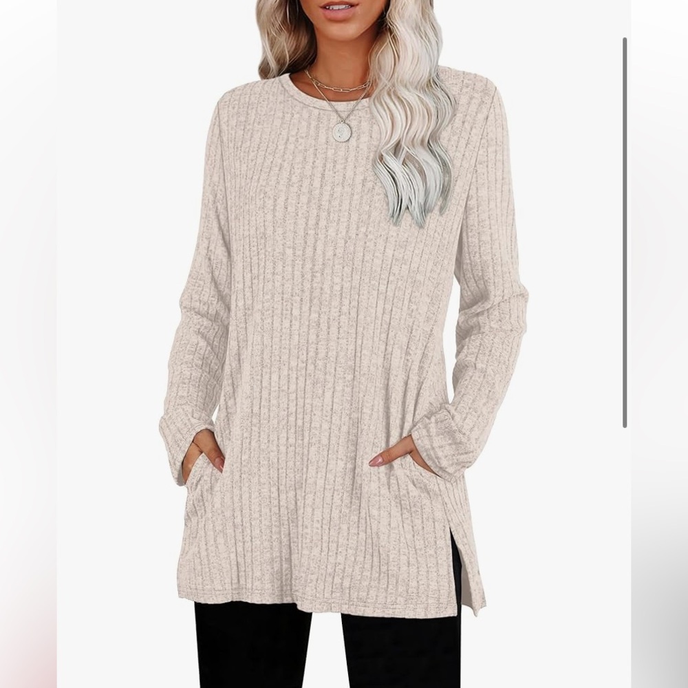 Women's Plush Ribbed Cream Sweater Top With Pockets Size XXL Long Sleeves